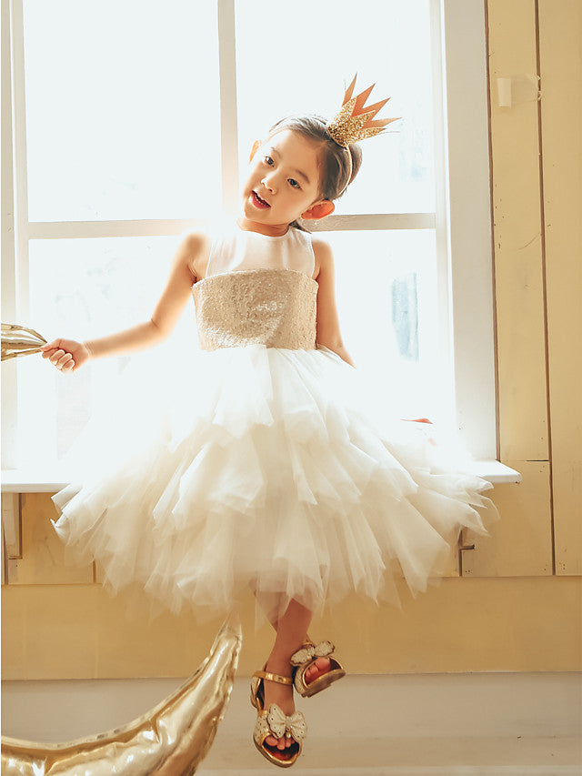 Oknass Ball Gown Sleeveless Jewel Neck Flower Girl Dresses Tulle With Paillette Sequins