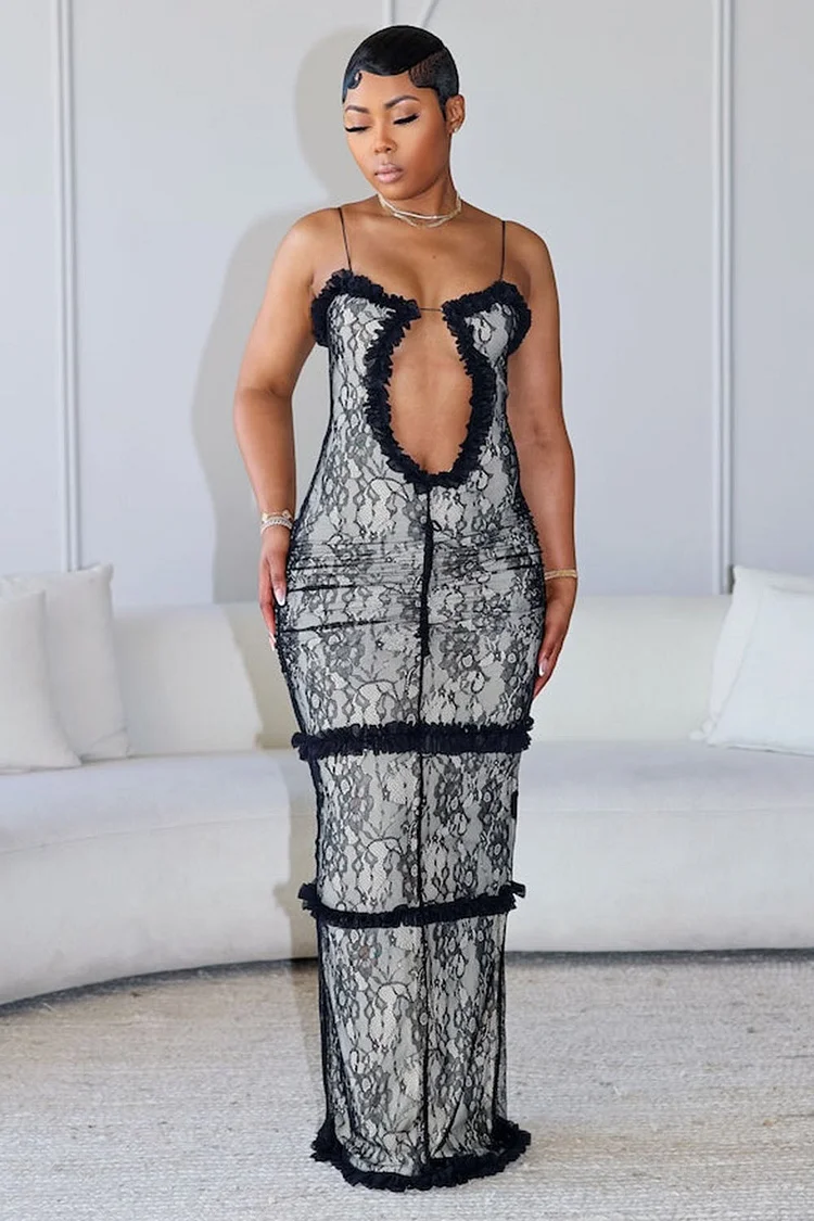 Lace Layered Ruffle Decor Cutout Party Maxi Slip Dresses-Black [Pre Order]