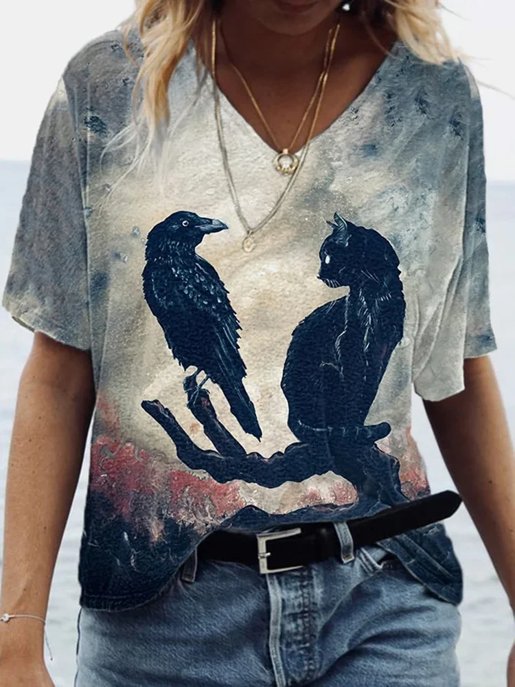 Comstylish Women's Halloween Black Cat Print T-Shirt