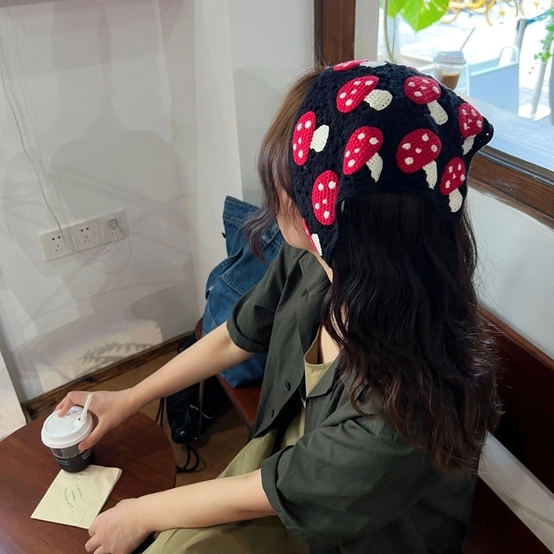 Sweet Handmade Mushroom Strawberry Crocheted Scarf French Triangle Scarf Closed Toe Women’s Net Red Knitted Hair Band Headband