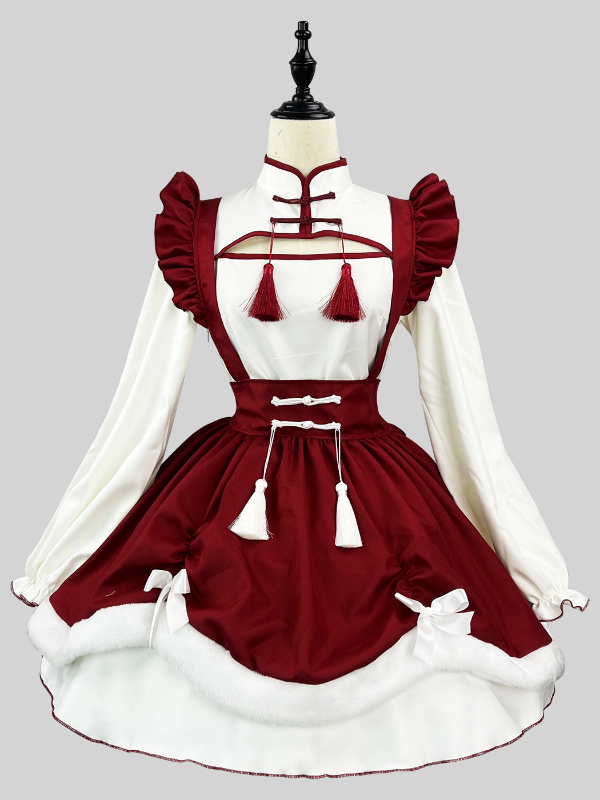 Lolita Long Sleeve Mock Neck Chinese Knot Button Cutout Mini Maid Dress