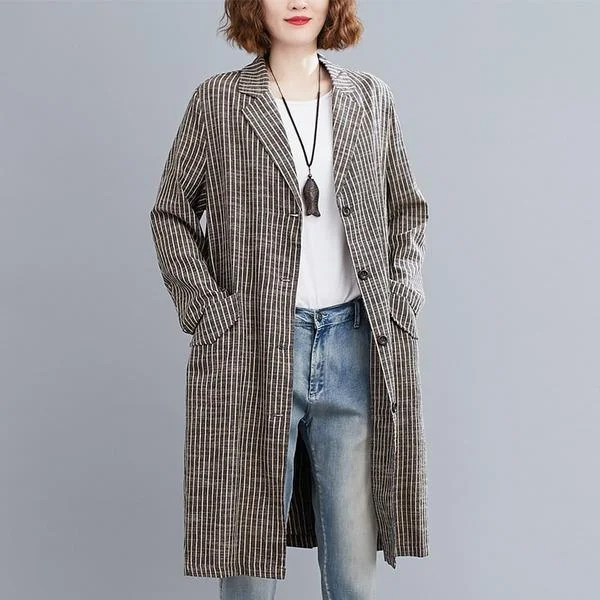 plus size cotton linen vintage stripe casual loose long autumn spring trench coat