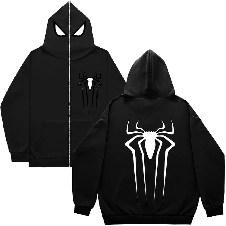 Gothic Spider Print Full Zip Up Hoodie Loose Sweatshirt at Hiphopee