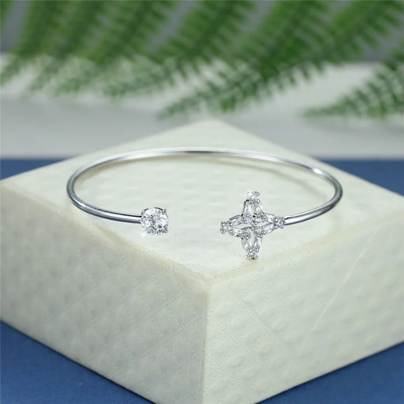 Boho Female White Round Zircon Bracelet Cute Silver Color Adjustable Bracelets For Women Charm Hollow Cross Chain Bracelet