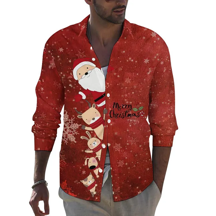 Personalized Design Christmas Men's Lapel Pocket Long Sleeve Shirt Full Print