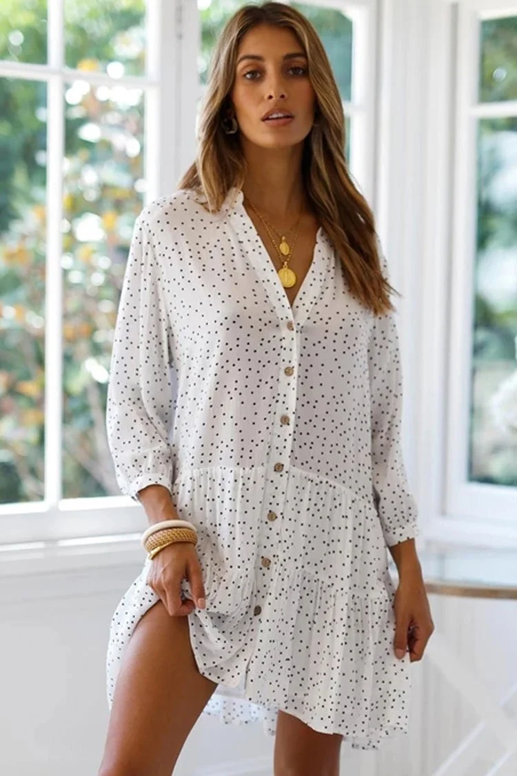 Casual Polka Dot Asymmetric Beach Shirt Dress-elleschic