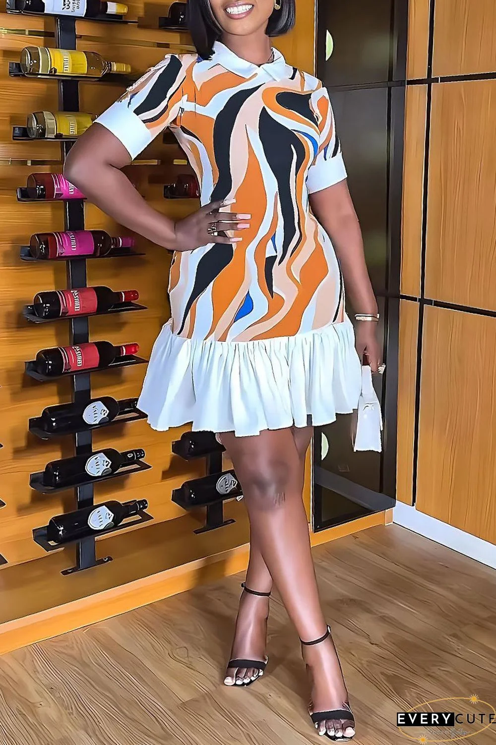 Multicolor Casual Print Patchwork Turndown Collar Short Sleeve Dress