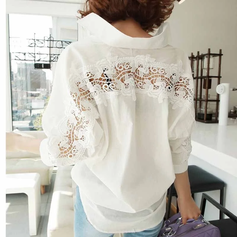 Sexy Hollow Out Lace Blouse Shirt Fashion Womens Tops 2020 Backless Half Sleeve Ladies Solid White Office Blouse Women 1310 40