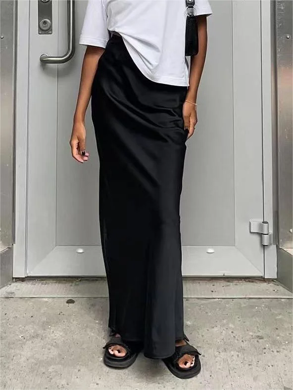 Brownm Solid Color Satin Maxi Skirt
