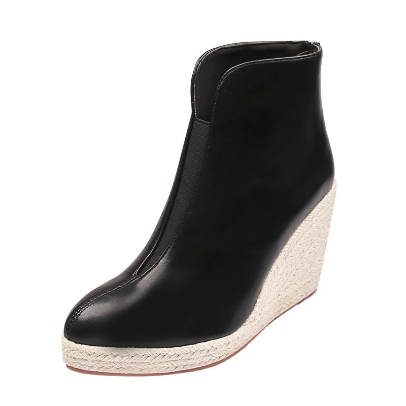 Wongn Wongn Martin Boots Thick Platform High Heel Pointed Fashion Short Boots Female Back Zipper Straw Hemp Rope Bottom