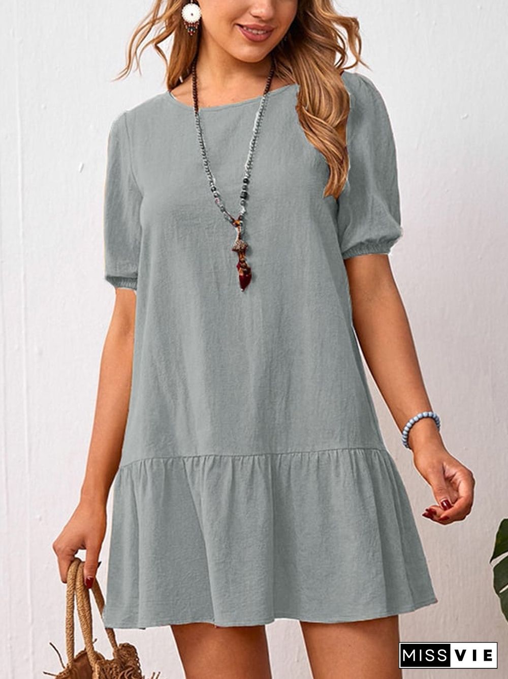 Solid Loose Waist Round Neck Dress