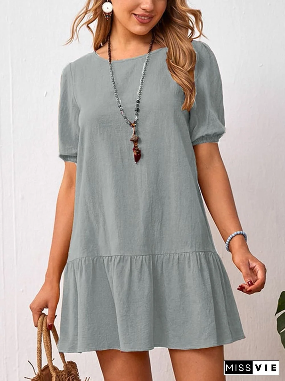 Solid Loose Waist Round Neck Dress