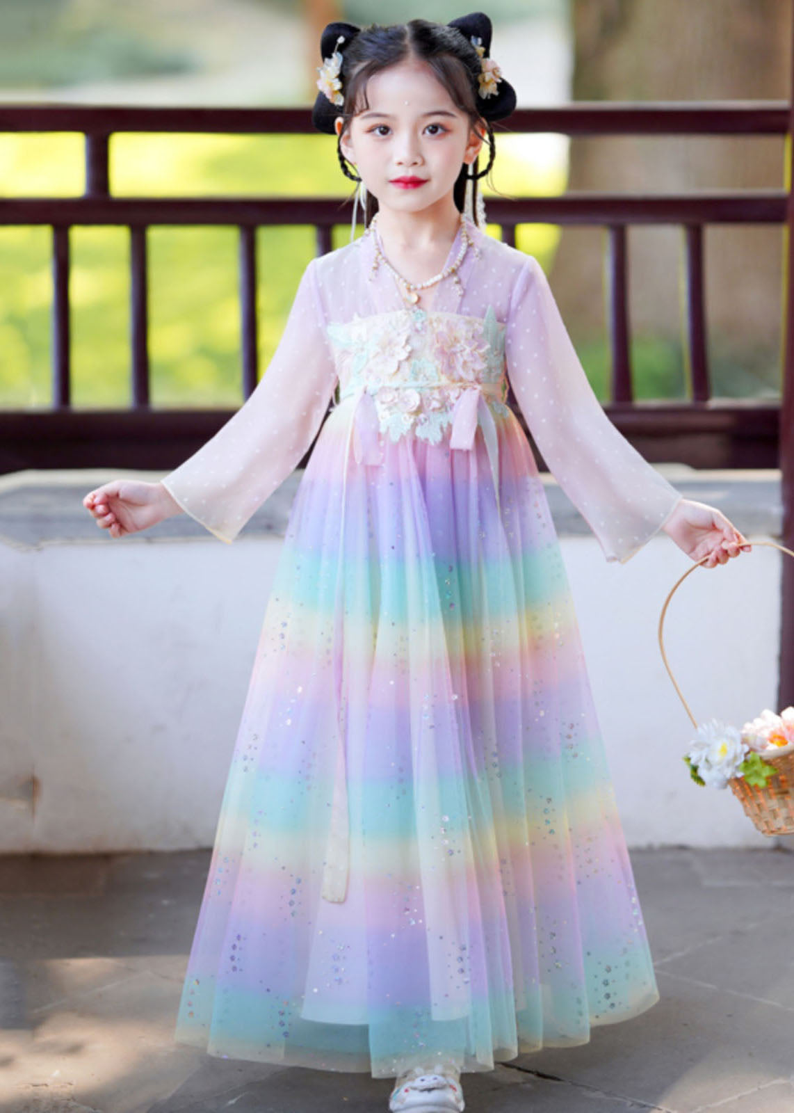 VCSHOES Rainbow Gradient Color Patchwork Tulle Kids Vacation Long Dresses Long Sleeve