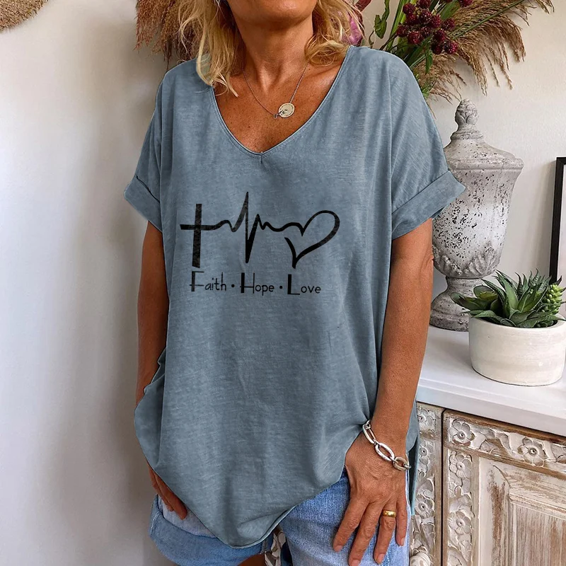 Faith Hope Love Print V-neck Loose T-shirt