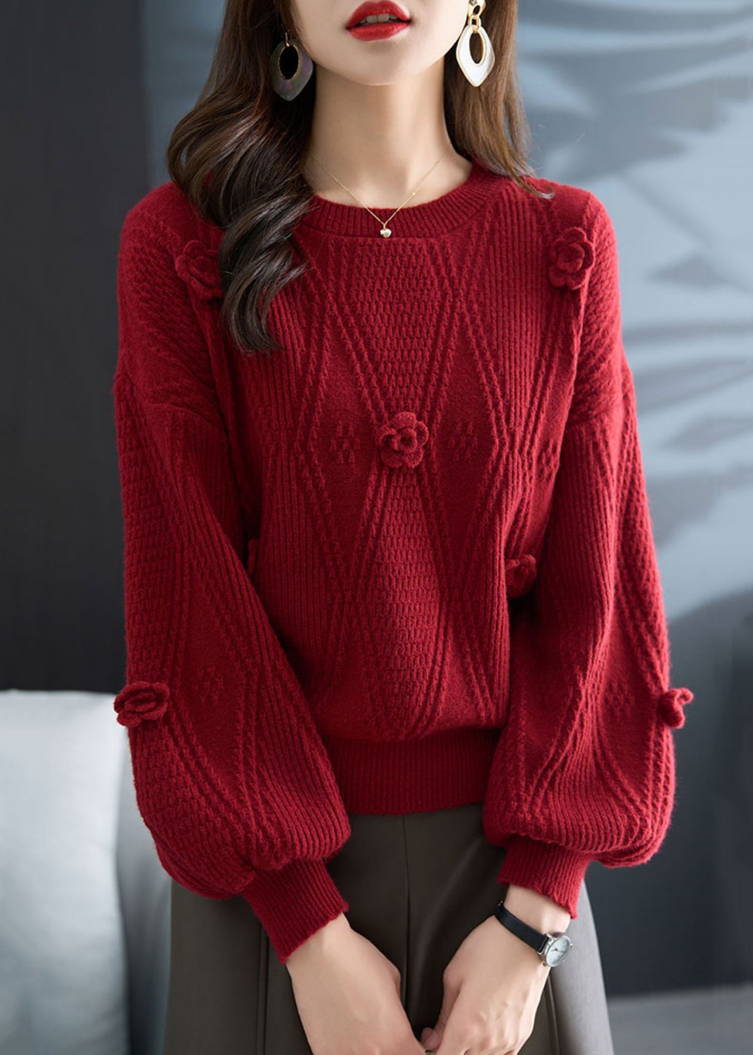 VCSHOES Red O Neck Plaid Knit Sweater Fall