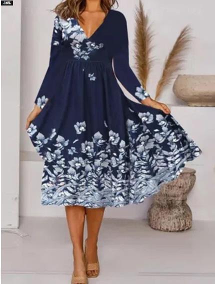 Women's V-neck Long Sleeve Printed Maxi Dress