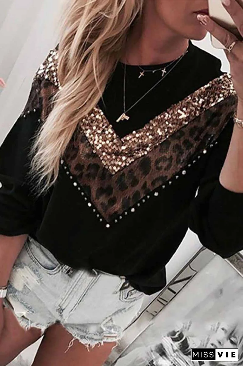 Leopard Sequin O-Neck Top