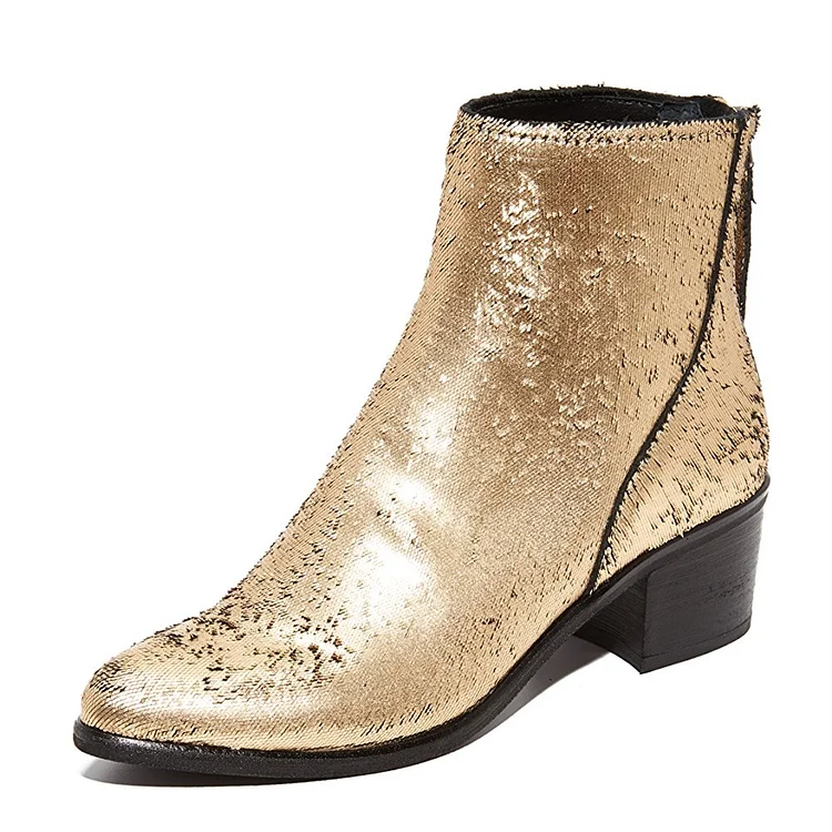 Gold Round Toe Block Heel Boots Sequined Ankle Boots with Zipper |FSJ Shoes