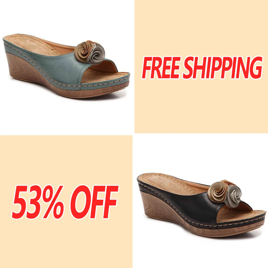 Womens Comfy Leather Solid Flower Strap Wedge Sandals