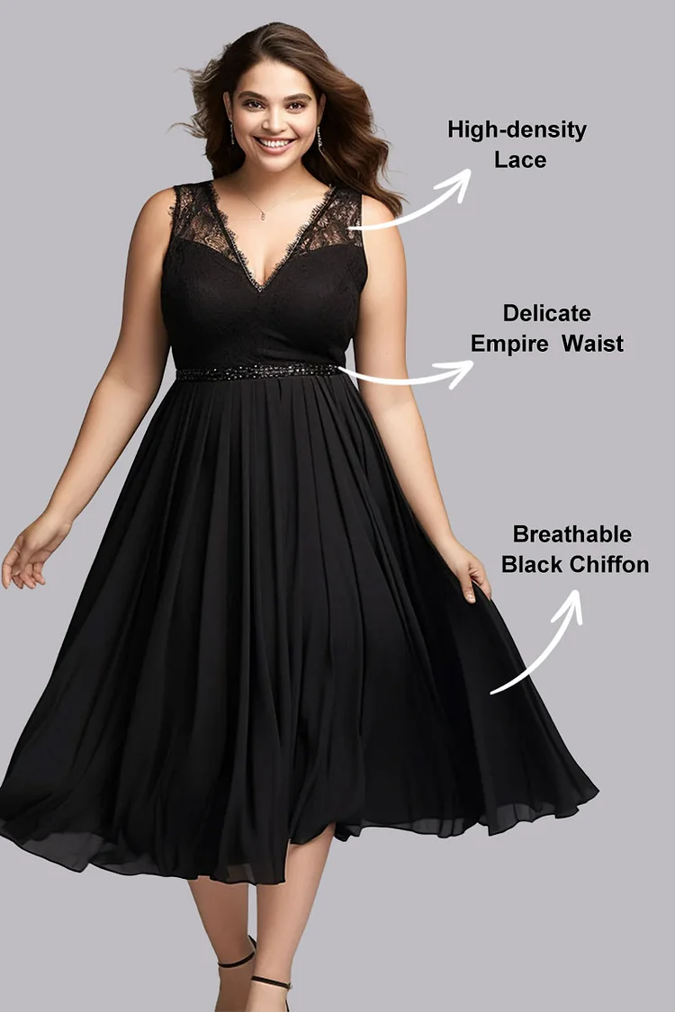 Flycurvy Plus Size Wedding Guest Black Chiffon Sleeveless Empire Waist Tea-Length Dress