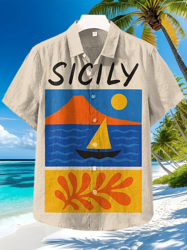 Men's Sicily Vacation Illustration Art Print Short Sleeve Shirt