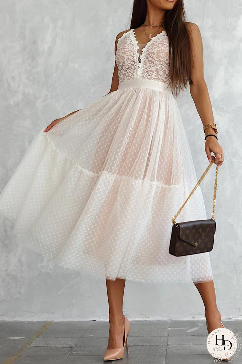 Casual Patchwork Lace Spaghetti Strap Cake Skirt Dresses