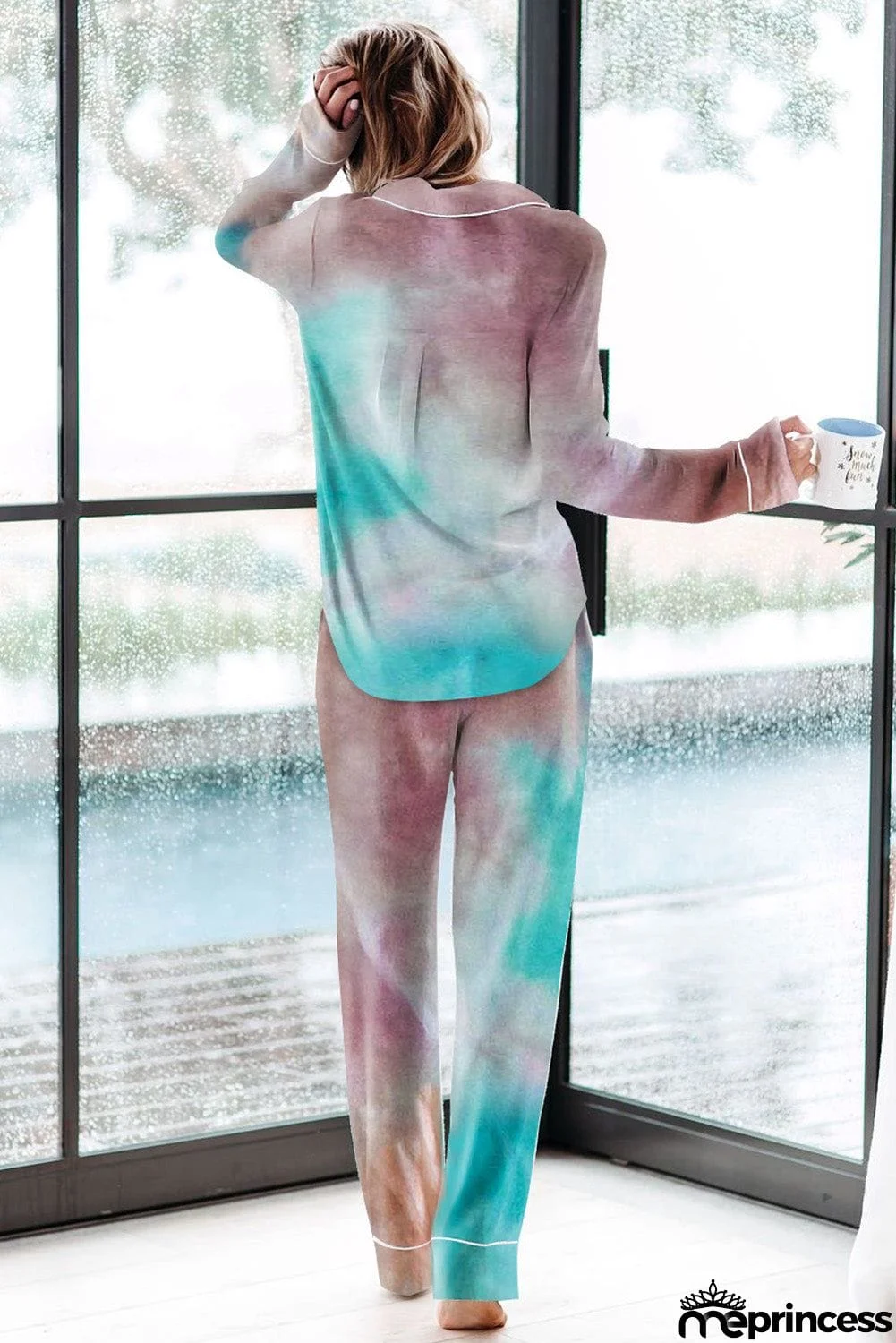 Multicolor Tie-dye Long Sleeve Shirt with Pants Lounge Set