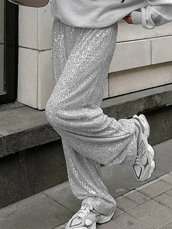 Loose Wide Leg Elasticity Sequined Pants Trousers