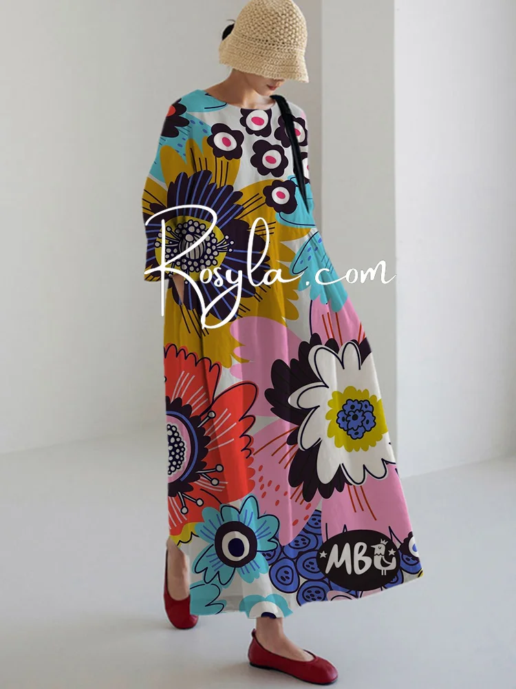 Women's Casual Leisure Flory Print Long Sleeve Midi Dress