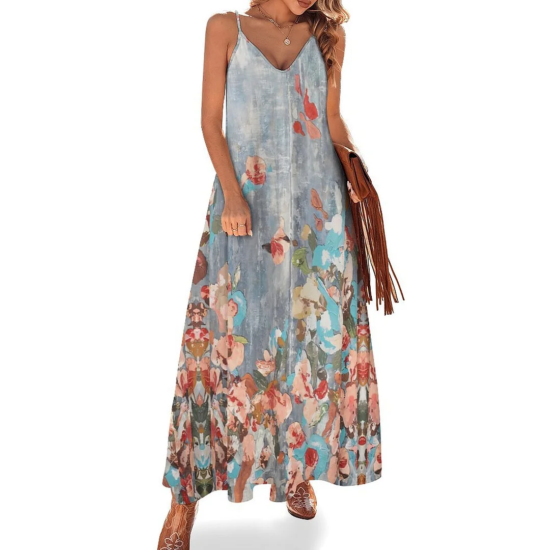 Style & Comfort for Mature Women Plus Size Printed Sling Casual Women Maxi Dress in Pattern Floral, Gray