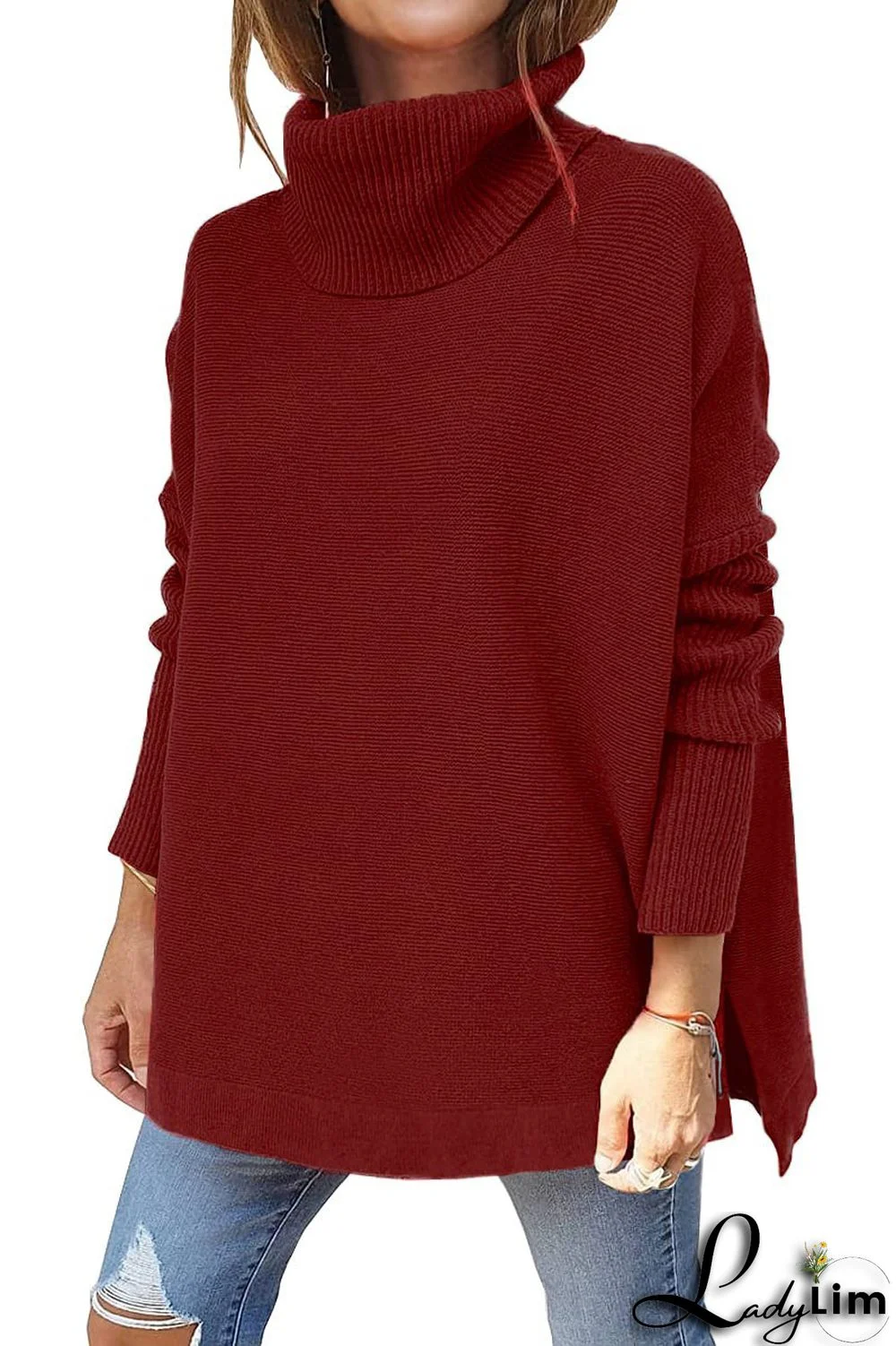 Turtleneck Sweater Loose Bat Sleeves Slit Hem Pullover Sweater Women Knitting Top