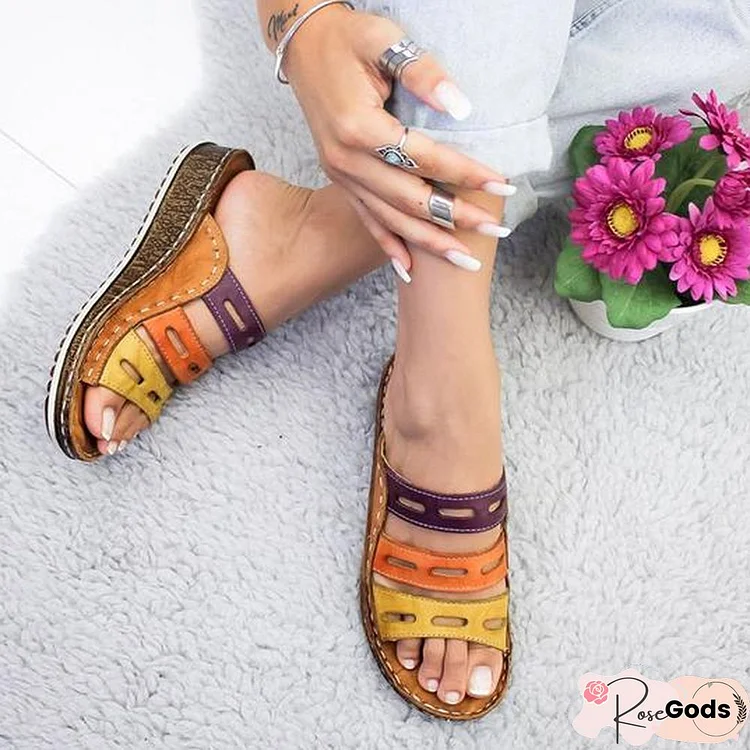 Women Three-Color Stitching Casual Low Wedge Heel Peep Toe Sandals Slippers Shoes