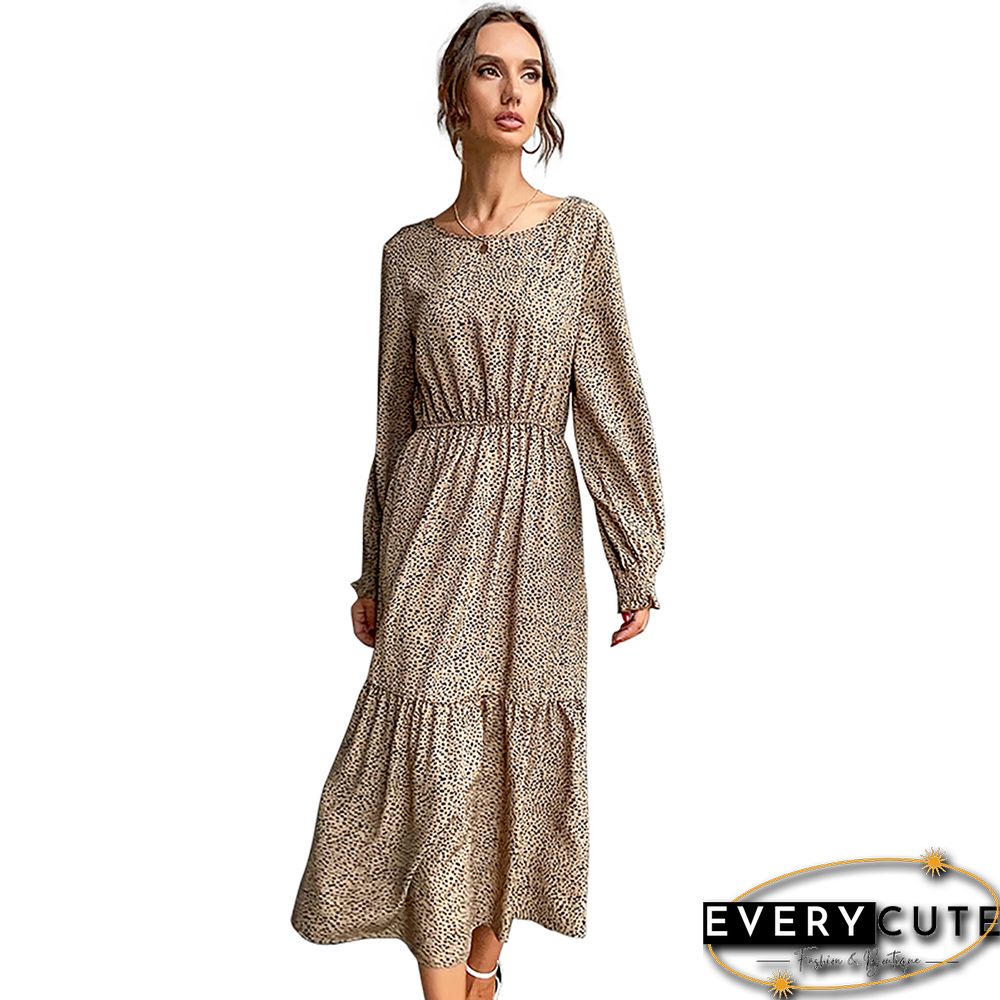 Khaki Leopard Ruffle Detail Long Sleeve Maxi Dress