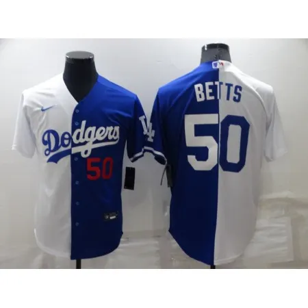 Men's Los Angeles Dodgers #50 Mookie Betts White/Blue Split Cool Base Stitched Baseball Jersey 23EU