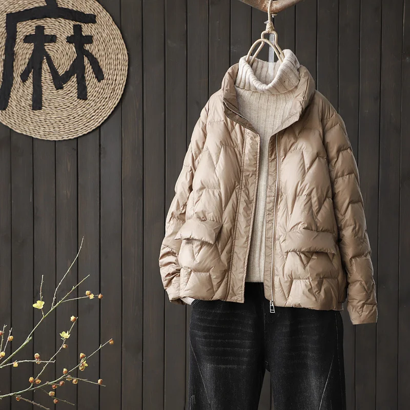 Woherb Short Down Jacket Female 2024 New Korean Version Loose Standing Collar Light Fashion White Duck Down Warm Coat Tide-Outfit Ideas