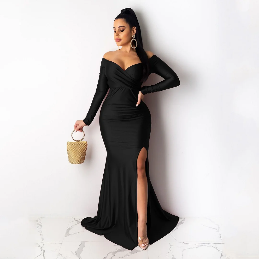 CM.YAYA Autumn Winter Women Off Shoulder Plunging V-neck High Side Split Mermaid Maxi Dress Sexy Night Party Club Long Dresses