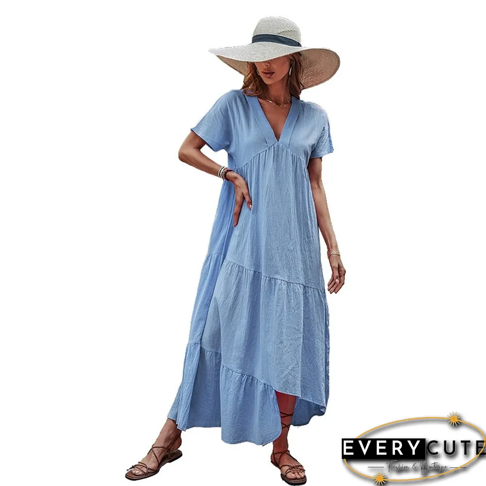Elegant V-Neck Loose Solid Cotton A-Line Dress For Women Summer New