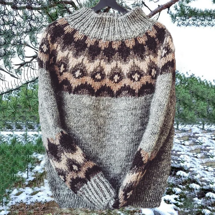 Unisex Vintage Gray Icelandic Knit Jacquard Warmth Crew Neck Sweater