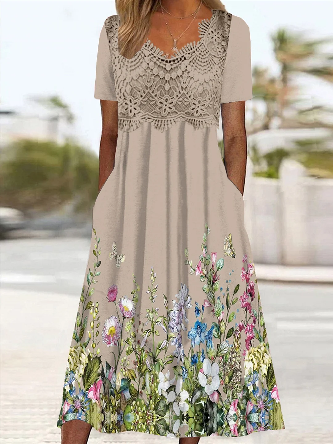 Women's Short Sleeve V-neck Graphic Lace Midi Dress