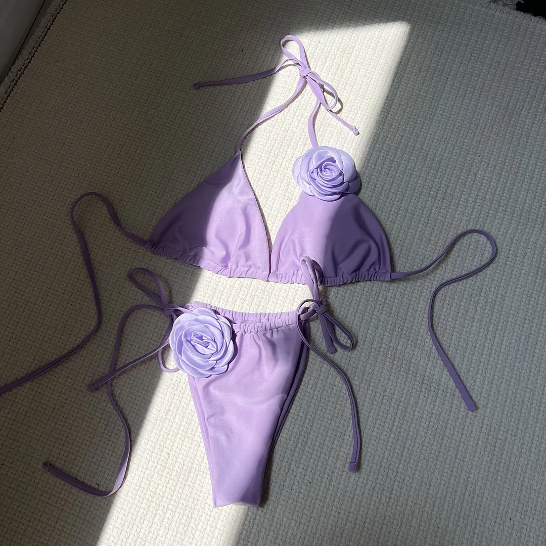 Churchf 2024 European New Solid-Color Rose Drawstring Split Swimsuit Bikini9187
