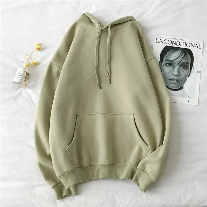 Solid Hoodies Women Autumn Long Sleeve Pocket Korean Oversized Hooded Sweatshirts Famale Casual Plus Velvet Hooded Pullovers Top