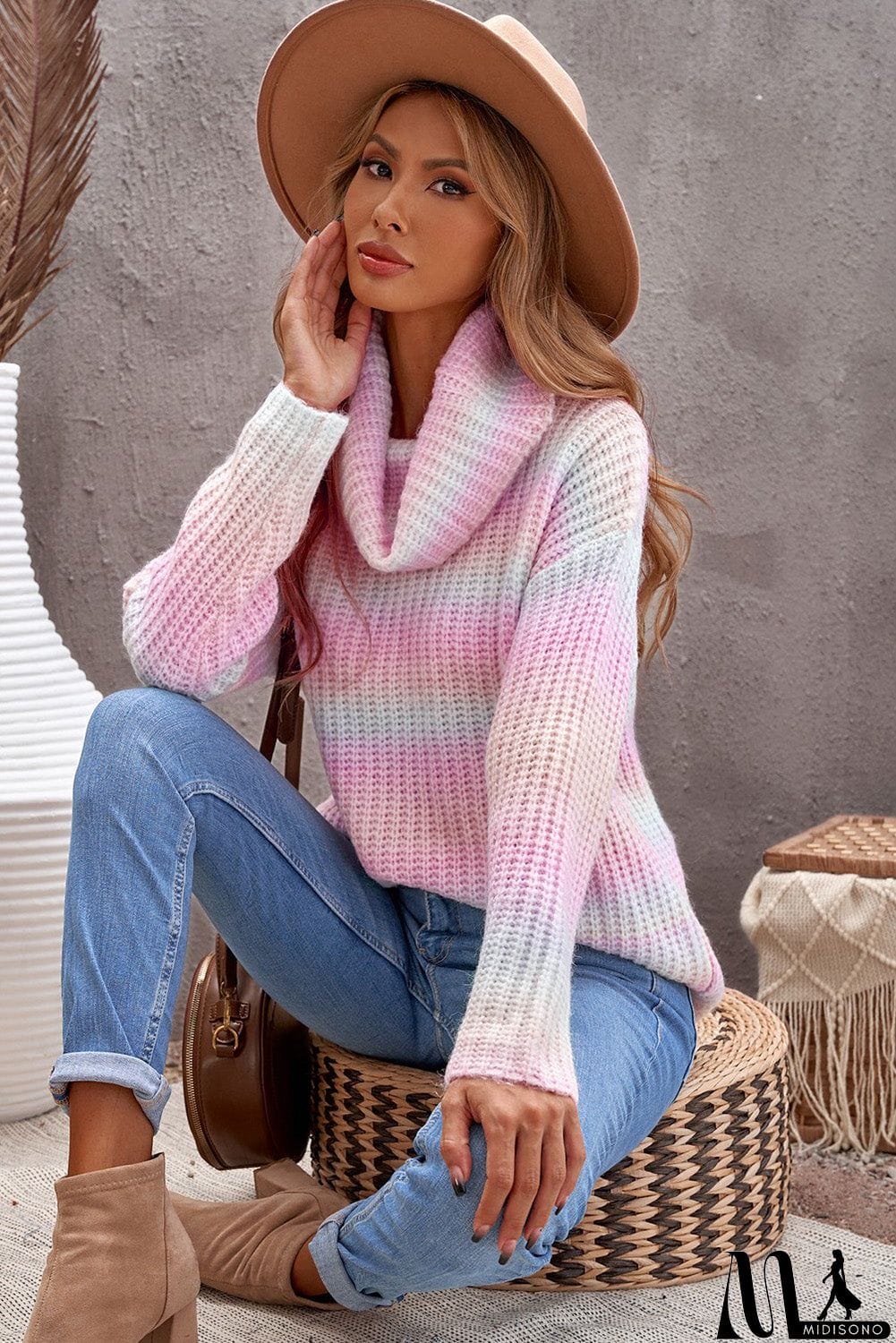 MidiSono - Cowl Neck Ombre Knit Sweater