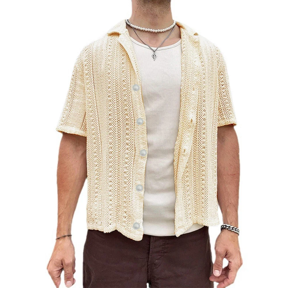 Wongn Wongn Summer New Men's Casual Knit Cardigan White Short Sleeve Jacket Men's Shirt Hollow Out Men's Wear