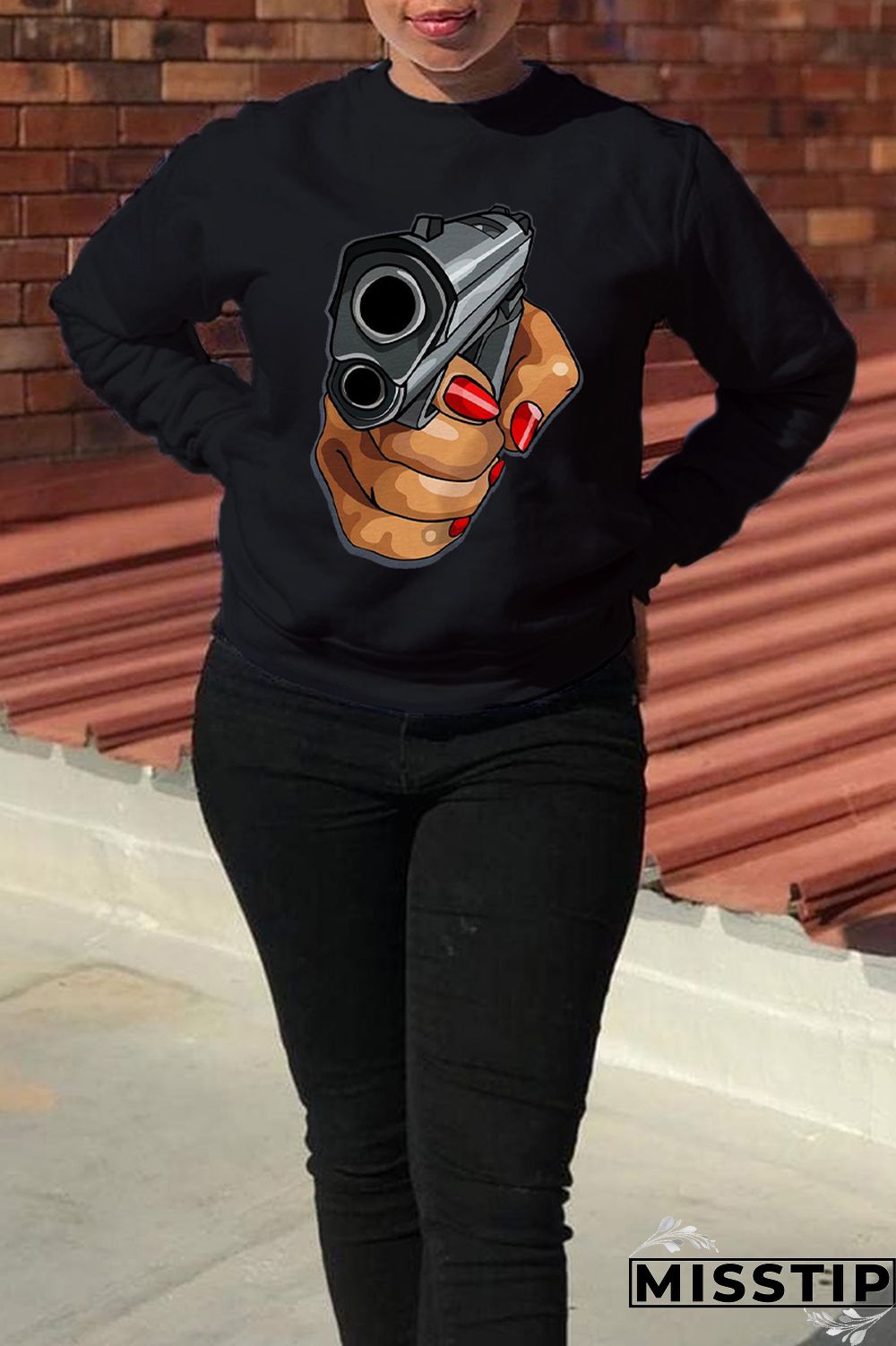 Black Street Vintage Print Patchwork O Neck Tops