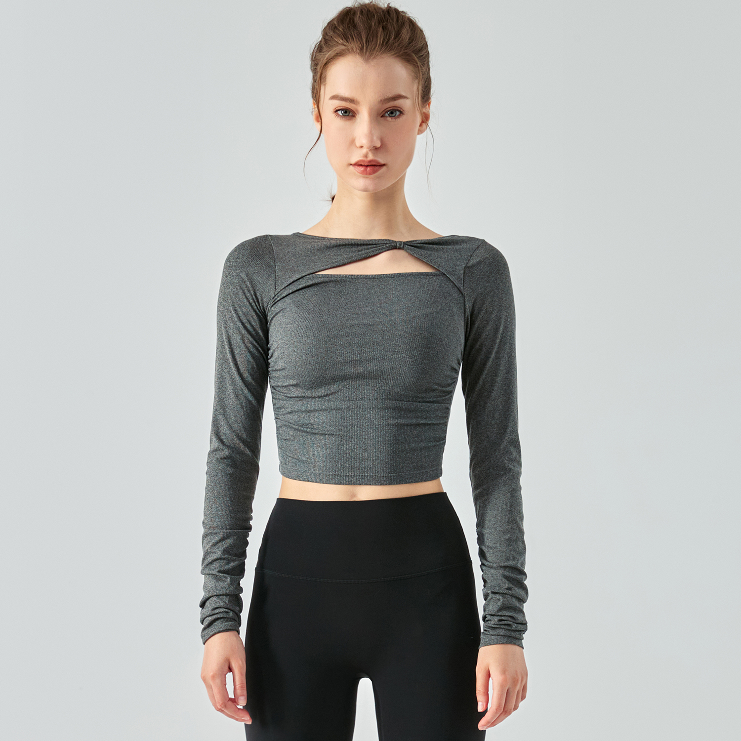 Different types of scrunch hollow-out slim fit long sleeve ribbed active running t-shirt online shopping on Hergymclothing 