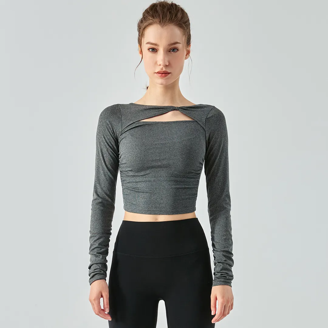 Different types of scrunch hollow-out slim fit long sleeve ribbed active running t-shirt online shopping on Hergymclothing 
