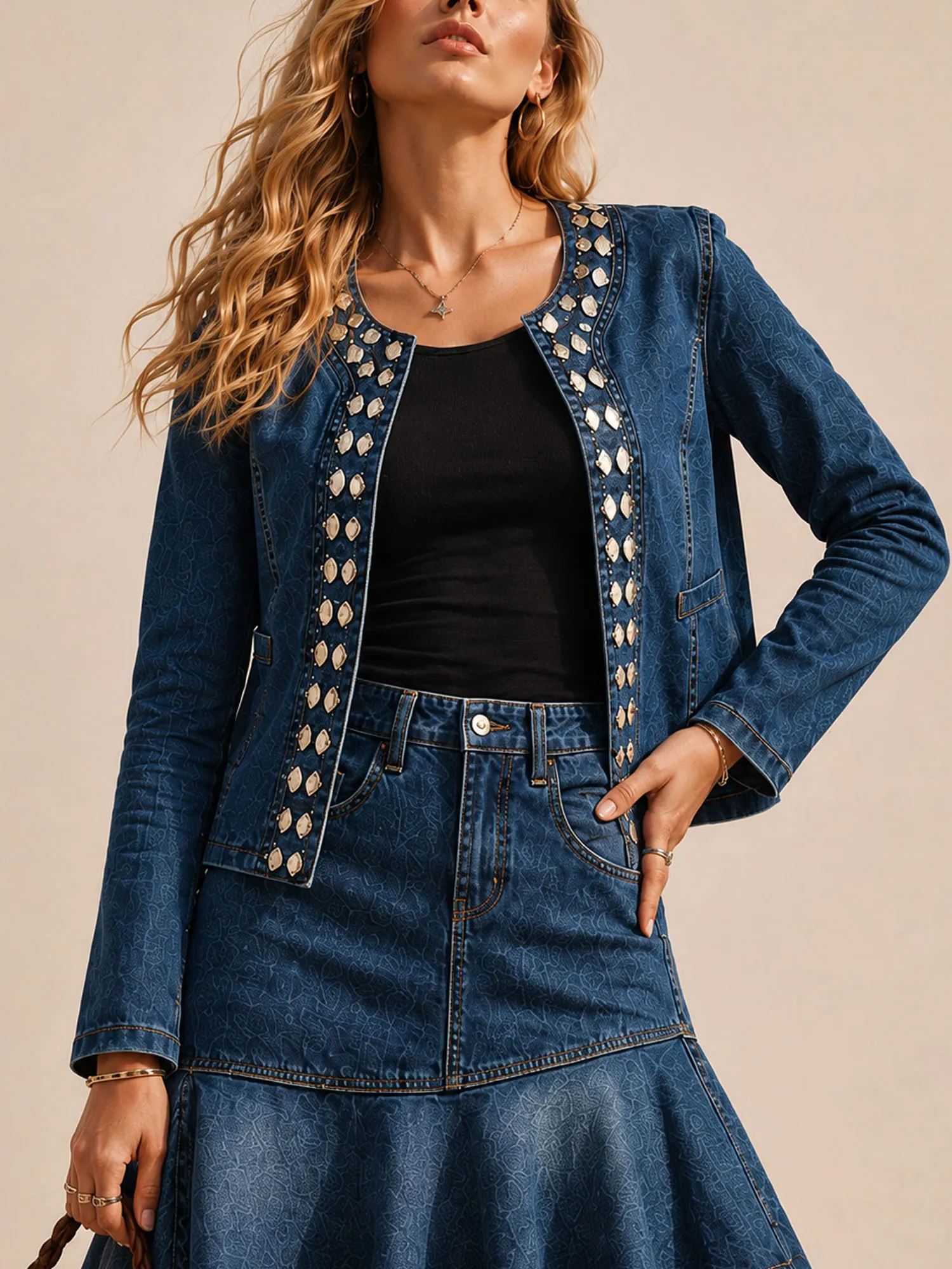 Perfect for Western Music Festivals &mdash; Classic Vintage Blue, Studded Embellishments & Lace Patchwork, Premium Skin-Friendly Denim, 2026 Spring/Autumn Women&rsquo;s Chic Set