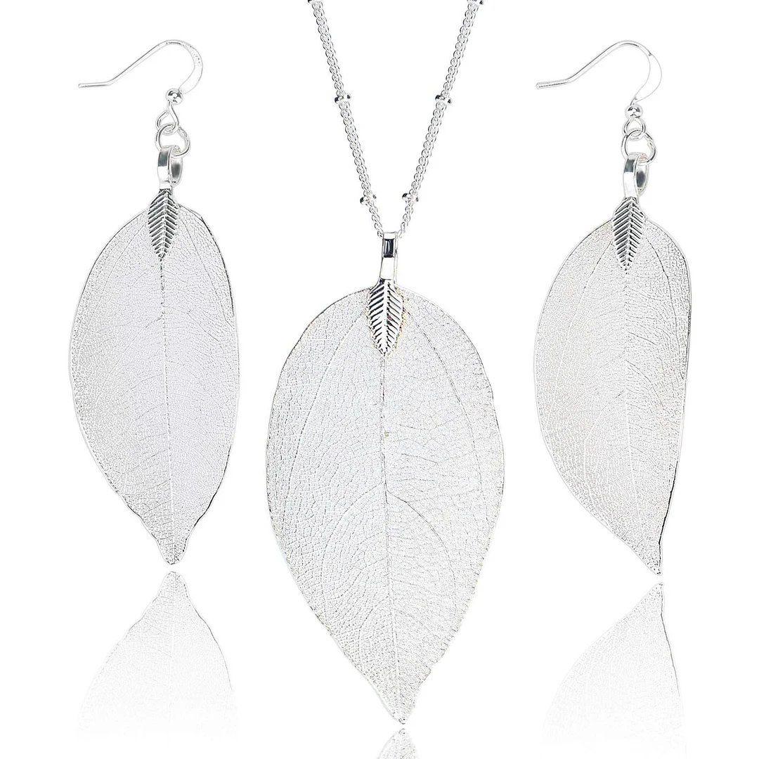 Filigree Long Leaf Pendant Dangle Necklace and Earring Jewelry Set Fashion Gifts for Women Girls