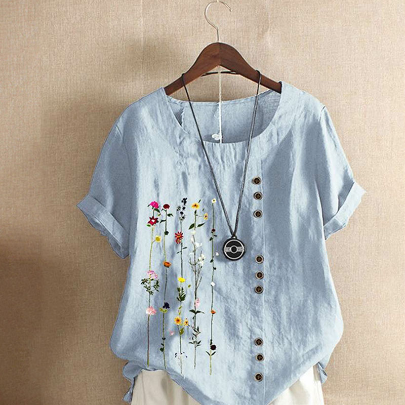 Top Vintage Floral Print Short Sleeve Casual Loose Cotton Linen Shirt