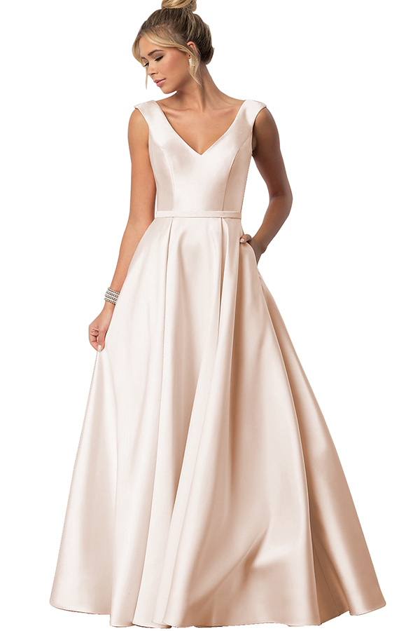 V-Neck Sleeveless Pockets Bridesmaid Dress